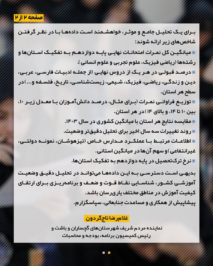غلام‌رضا تاج‌گردون در دیدار با وزیر آموزش و پرورش: وقتی دیدم اسم مدیرکل یادش نمی‌آید دیگه حرفی برای من نمی‌آید / شاید ایراد از وزیر نباشد و ایراد از افرادی مثل من باشد که مسئول استان کهگیلویه و بویراحمد هستیم و نتوانستیم خودم و استانم را برای وزیر مطرح کنم